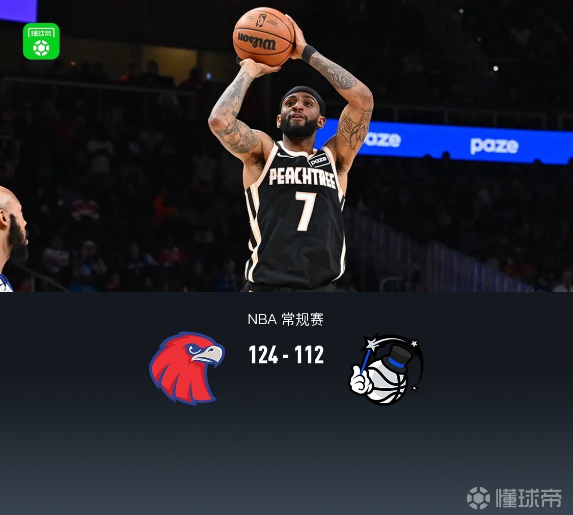 老鹰124-112魔术豪取10连胜，沃克41分，杰伦约翰逊三双，班凯罗13中3